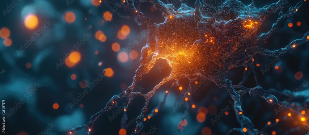 Aufkleber Abstract neural network close-up with glowing orange and blue elements, intricate connections emphasizing technology and science.
