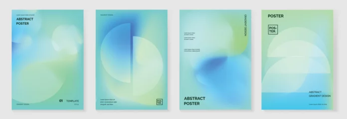 Modern gradient poster background vector set. Minimalist cover template with green and blue perspective geometric prism shapes in motion. Ideal design for social media, banner, spring season card.