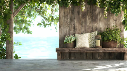 Coastal wooden bench with plants, ocean view