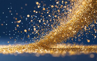 Golden glitter explosion on dark blue background.