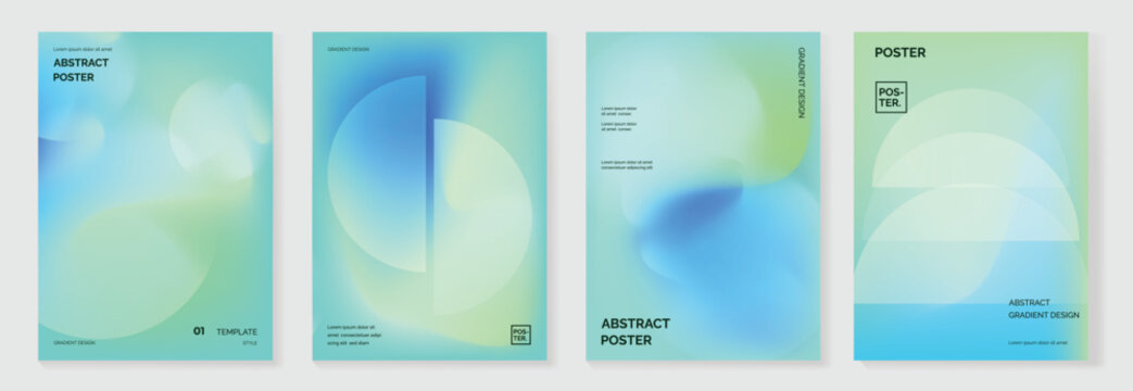 Modern gradient poster background vector set. Minimalist cover template with green and blue perspective geometric prism shapes in motion. Ideal design for social media, banner, spring season card.