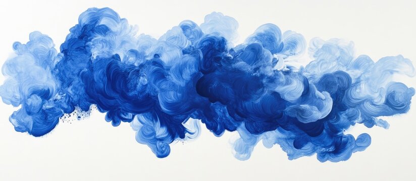 Dynamic royal blue ink clouds suspended in mid-air showcase captivating fluidity and movement against a soft white backdrop.