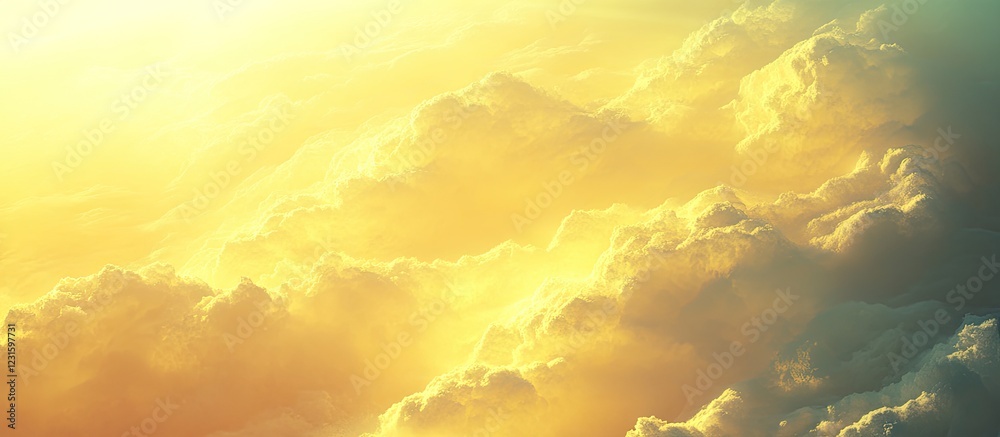 Aufkleber Golden sunlight rays cast a warm yellow glow on fluffy clouds in a serene sky, creating a calming and beautiful atmosphere of tranquility.