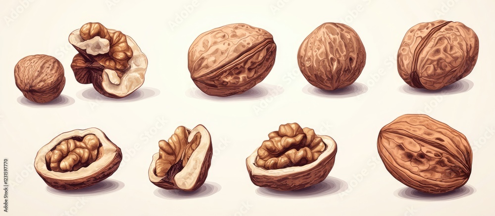 Poster Illustration of assorted walnuts in various stages of shelling arranged in two rows on a light background featuring rich brown and cream tones.