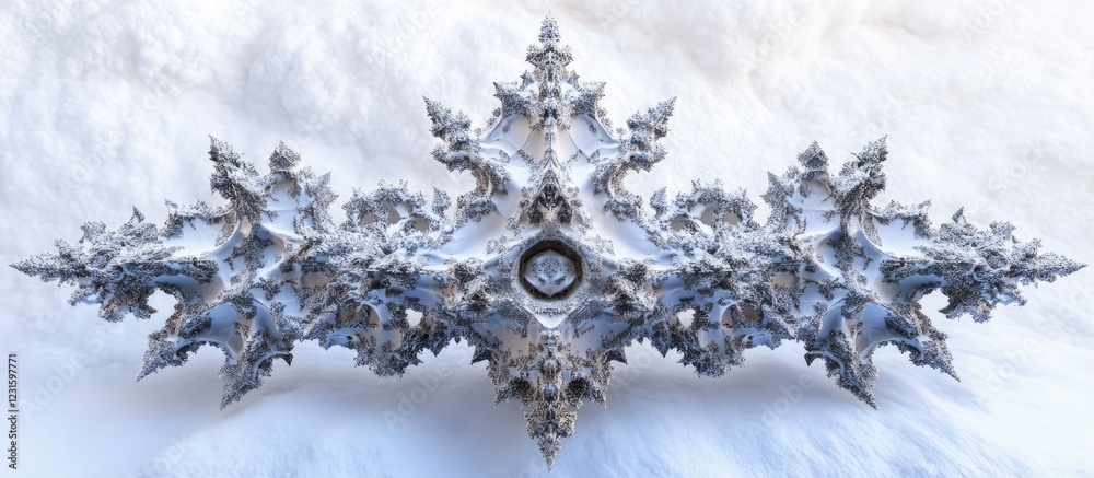 Poster Intricate snowflake design with sharp icy edges and soft blue-gray textures, centered against a softly blurred white background.