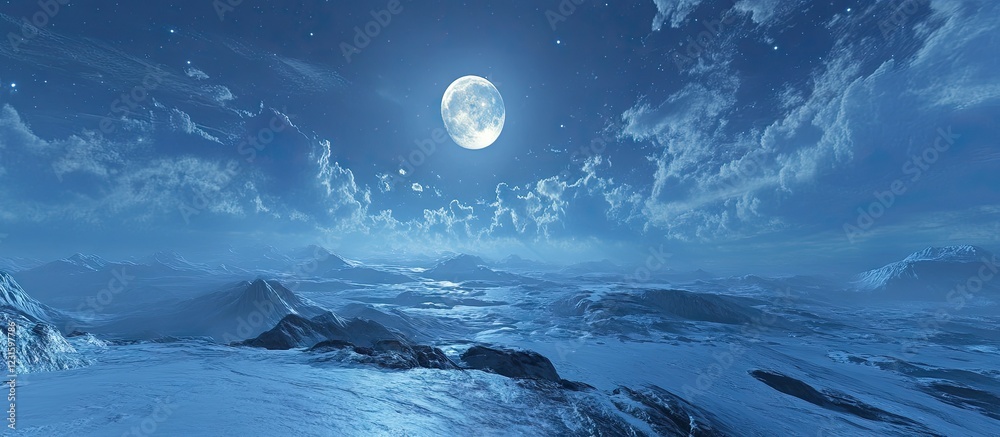 Poster enchanting full moon illuminated in a serene blue sky among soft white clouds over a tranquil snowy 
