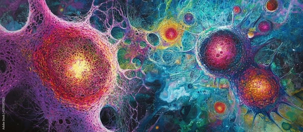 Poster Colorful abstract representation of neurons with pink and red clusters on a vibrant blue background creating a dynamic cosmic feel.