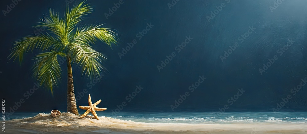 Poster tranquil coastal scene featuring a green palm tree on sandy beach with starfish against a gradient d