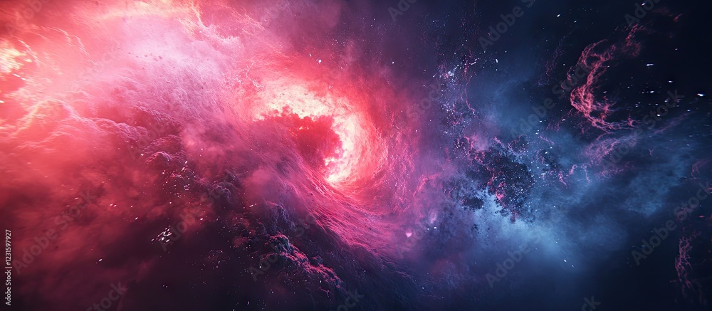 Poster abstract cosmic swirl with vibrant pink and blue hues creating a dynamic interstellar scene filled w