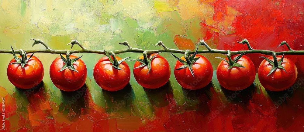 Poster vibrant red vine tomatoes arranged horizontally against a colorful abstract background highlighting 