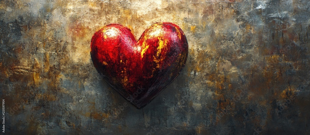 Poster red textured heart on a golden and rusty background with warm lighting casting shadows on the surfac