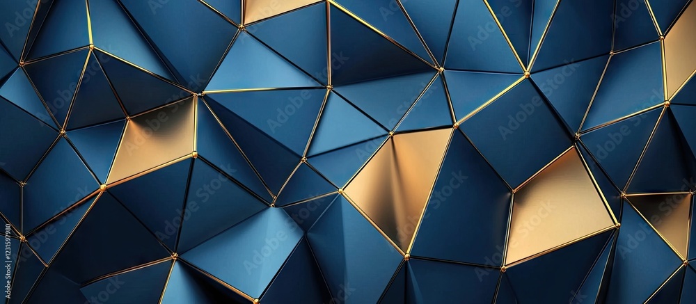 Poster Abstract geometric background featuring a pattern of blue and gold triangular facets creating depth and contrast with shadows and highlights.