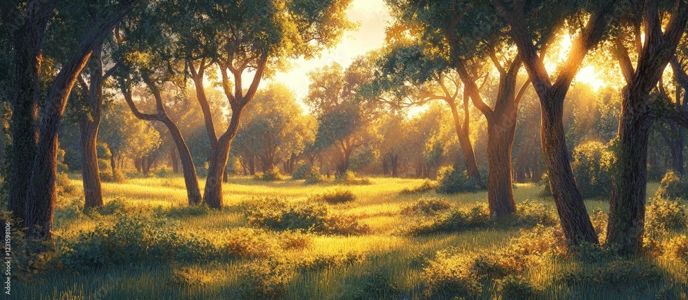 Poster golden sunset rays filter through lush green leaves of trees in a serene forest, casting warm light 