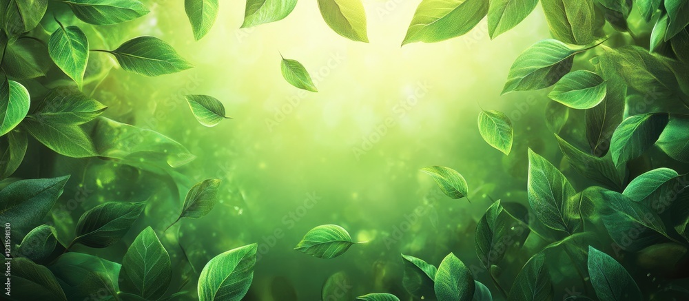 Poster lush green leaf background with varying shades of green and soft light emanating from the center cre