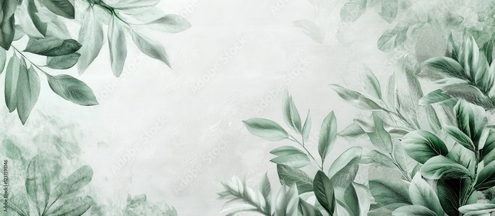 Poster botanical design featuring soft green leaves on a misty background perfect for wallpaper or wrapping