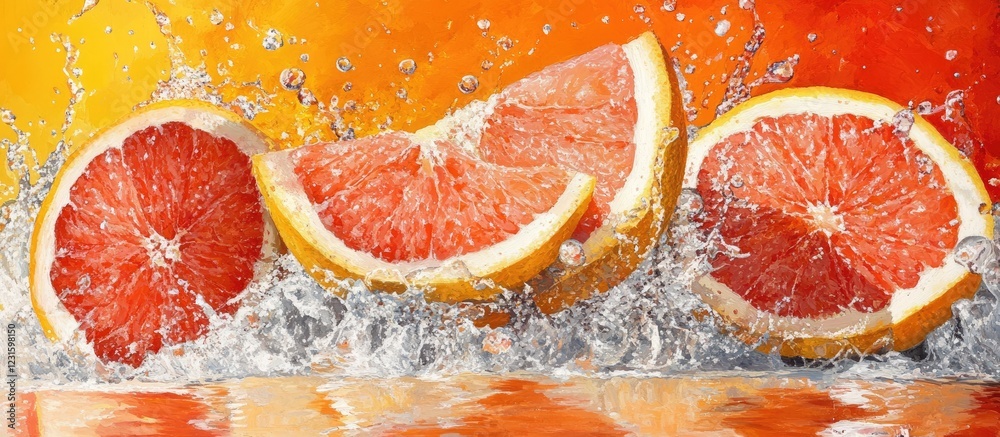 Poster Vibrant grapefruit slices creating dynamic water splashes against a warm orange and red background promoting freshness and healthy eating.