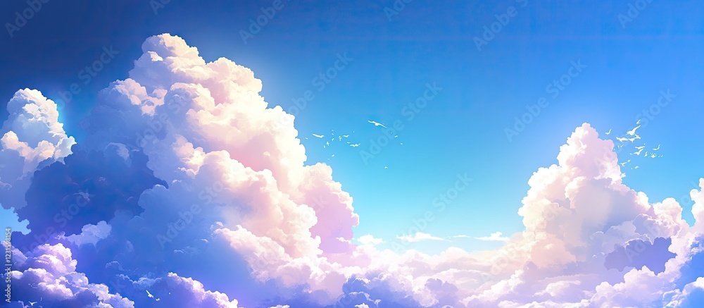 Poster aerial view of fluffy white clouds with soft pink hues contrasting against a vibrant blue sky creati