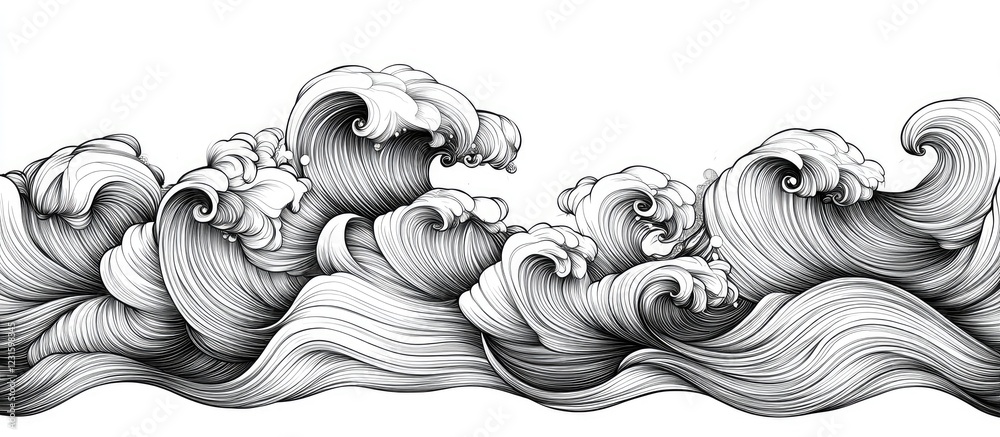 Aufkleber Intricate black and white ocean wave patterns with dramatic swirls and peaks on a white background capturing the essence of fluidity and movement