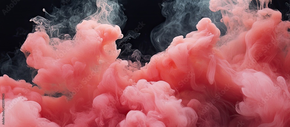 Poster vibrant coral smoke clouds in dynamic motion swirl gracefully against a dramatic black background cr