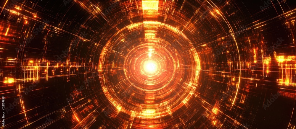 Leinwandbilder Abstract glowing orange and yellow circles with neon light effects in a round portal within a square tunnel creating a captivating virtual reality scene.