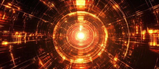 Obraz premium Abstract glowing orange and yellow circles with neon light effects in a round portal within a square tunnel creating a captivating virtual reality scene.