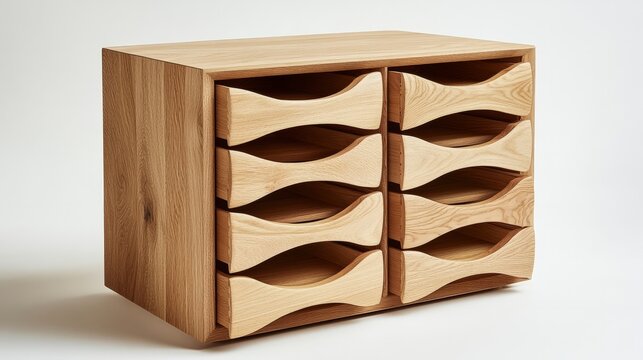 A wooden storage unit with multiple drawers and a natural wood finish, designed in a minimalist style 
