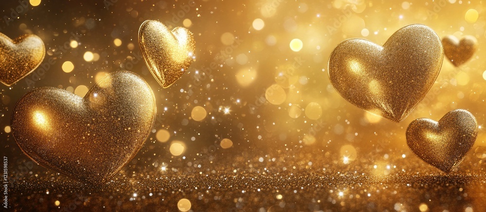 Poster golden hearts shimmer against a warm golden backdrop filled with sparkles and bokeh, creating a roma