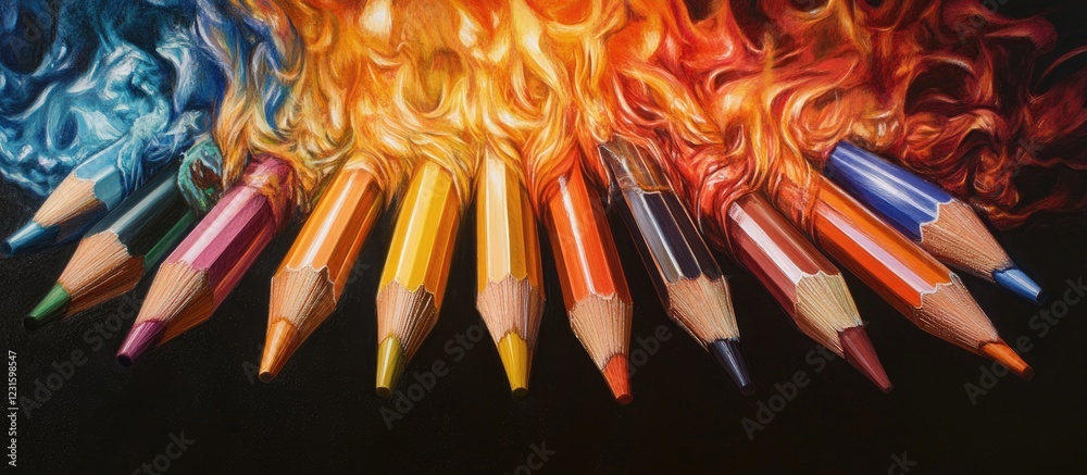 Poster vibrant colored pencils arranged in a rainbow gradient from blue to red against a dark background sh