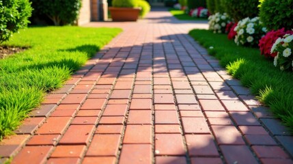 Fototapeta premium A sun-drenched brick pathway meanders through a vibrant landscape, bordered by lush green grass and colorful flowering plants, creating a serene and inviting outdoor scene.