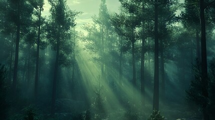 Obraz premium Serene background of a misty forest with sunlight filtering through tall pine trees, calming green tones