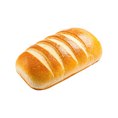 A fresh loaf of white bread showing its golden crust and soft interior, isolated on white transparent background.