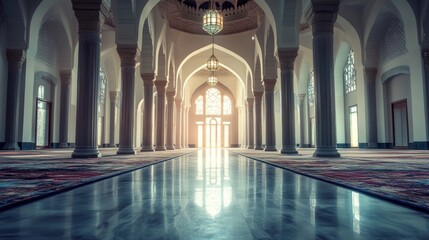 Fototapeta premium a mosque hallway with pillars. copy space photo of Islamic architecture