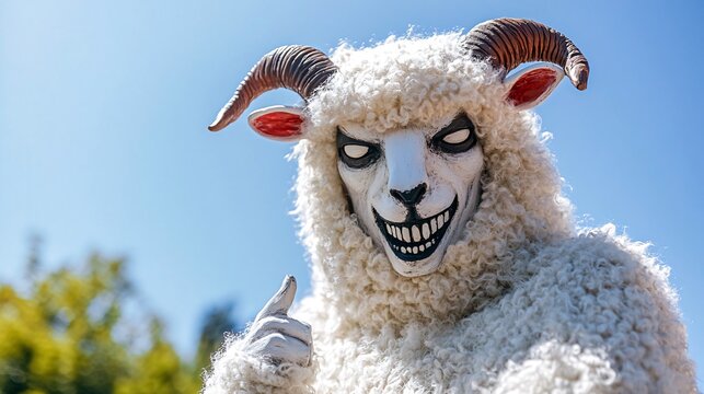 Evil sheep costume, thumbs up, outdoor. Halloween fun. illustration of a two-faced man or a man in sheep's clothing