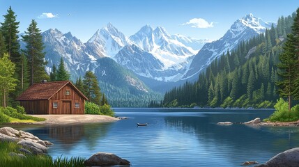 Obraz premium Secluded Mountain Cabin Beside a Tranquil Lake with Majestic Snow-Capped Peaks
