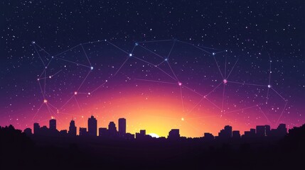 Cityscape Skyline at Dusk with Interconnected Network, Symbolizing Technology and Communication