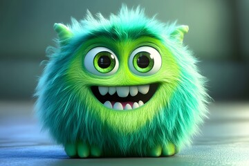 Fototapeta premium Playful Green Furry Monster - 3D Cartoon Character
