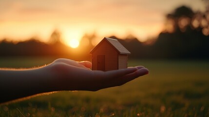 A hand holds a small wooden house against a warm sunset backdrop, symbolizing home, comfort, and new beginnings.