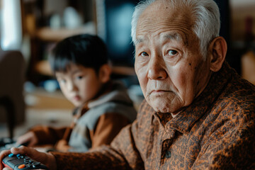 Fototapeta premium Grandfather and Grandson Playing Video Games 