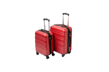 Pair of red suitcases featuring robust handles and wheels, offering vibrant, compact solutions for stylish and convenient travel, isolated on a transparent background