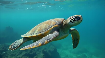 Obraz premium Stunning Green Sea Turtle Underwater Photography: Vibrant Colors, Crystal Clear Water, Majestic Creature