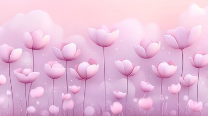 Obraz premium Dreamy pastel pink flower field with soft clouds and gentle light