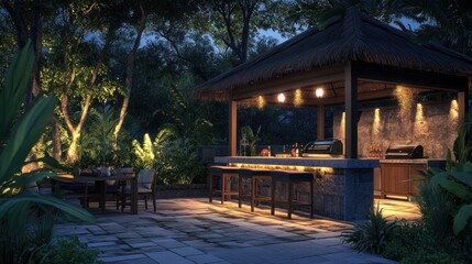 Night scene of outdoor kitchen and dining area under a thatched roof gazebo with ambient lighting.