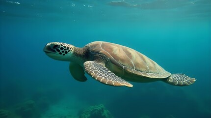 Obraz premium Stunning Underwater Photo of a Green Sea Turtle Swimming Gracefully in Crystal Clear Ocean Water