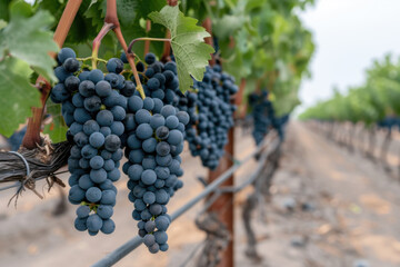 Clusters of dark purple grapes hanging on vines in a cultivated vineyard row, surrounded by green leaves and soil, ready for harvest and winemaking.
