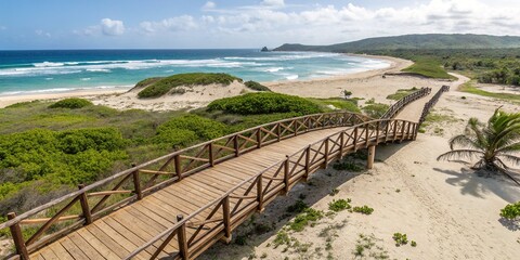 Fototapeta premium Puerto Rico Isabela West Coast Wooden Bridge Sand Beach Ocean Landscape