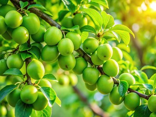 Ripe Green Plums on a Lush Tree - Summer Fruit
