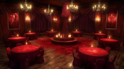 Intimate candlelit dining room with red d?cor and central fireplace
