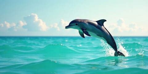 Obraz premium A playful dolphin leaps from the turquoise ocean waves, a majestic spectacle of nature's beauty under a bright, sunny sky
