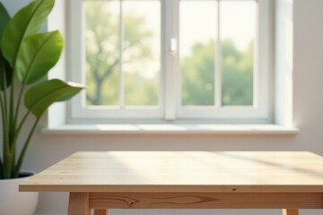 Light-filled room with a wooden table near a window, showcasing a tranquil and serene atmosphere