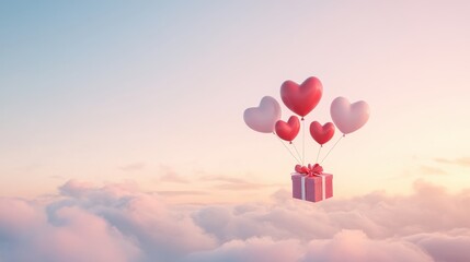 Fototapeta premium A Box flying on a parachute with pink cloud in valentine day,package flying down from sky and cloud with parachute, concept for delivery service,shopping online,air delivery service.